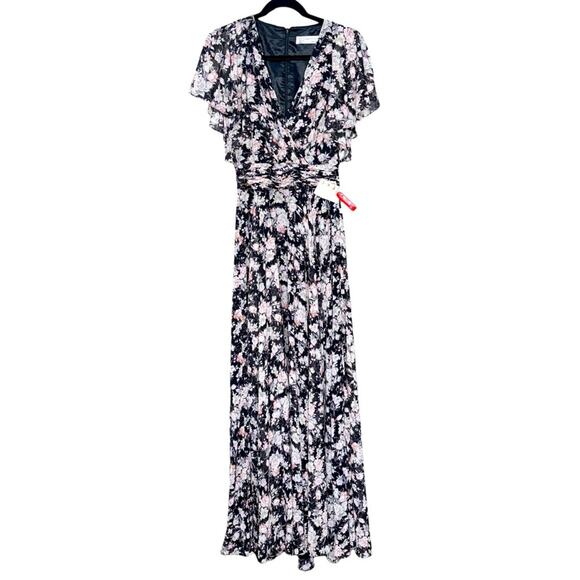 NWT IENNA for MAC DUGGAL Black Pink Floral Flutter Sleeve Maxi Dress Women’s - Picture 2 of 14